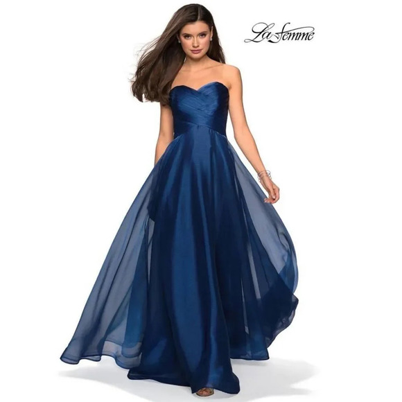 La Femme  Dress Strapless Metallic Organza Ball Gown Formal Blue Sz 12 - Picture 1 of 10